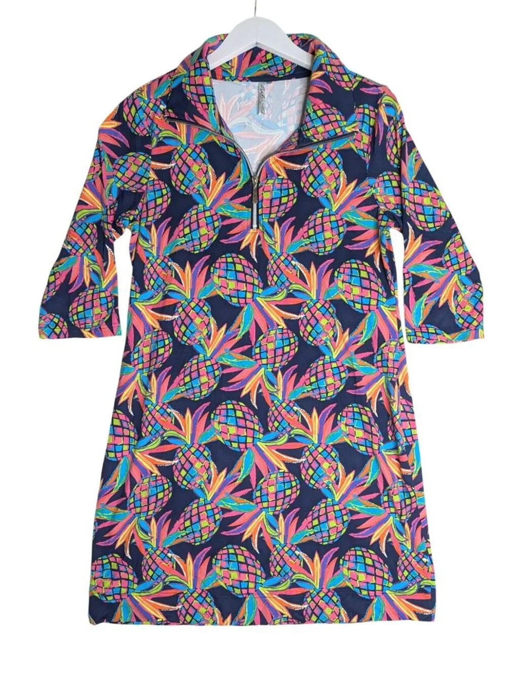 Lulu B Half-Zip Pineapple Print Dress 3/4 Sleeve Navy Multicolor Size M - Picture 7 of 9